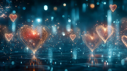 Vibrant heart shaped fireworks bursting in magical night scene