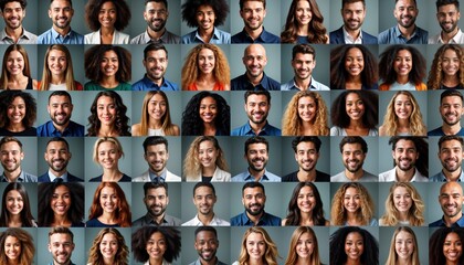 Obraz premium Diverse group of people smiling at camera. Collection of portraits. Multiracial faces. Happy, professional expressions. Represents diversity, community. Suitable for business, social media, online