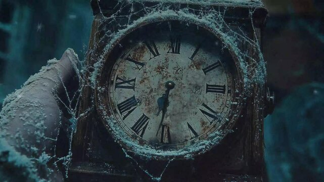 A 4K video of a spinning Old creepy rustic hand held clock coated in cob webs, halloween, spooky, ghosts, eerie, haunted