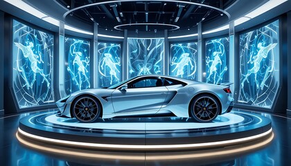 Futuristic Silver Sports Car Displayed in Modern Showroom