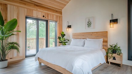 Fototapeta premium Wide Shot Photo: Serene Bedroom in Modern Wood Cabin, Naturally Lit. AI Generated