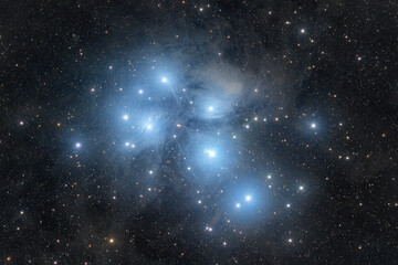 Pleiades, M45. A bright open star cluster surrounded by reflection nebulosity in the Taurus constellation. High quality photo