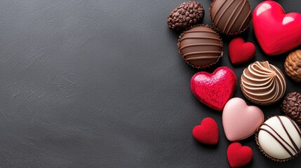 Obraz premium Delicious chocolate heart treats romantic dessert table food photography dark background overhead view sweet indulgence