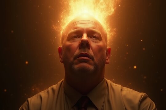 Contemplative Man with Fiery Aura in Dramatic Lighting