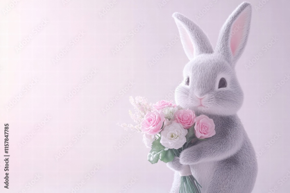 Poster Cuddly rabbit holding a beautiful bouquet of flowers in a serene setting with ample space for additional text. Generative AI