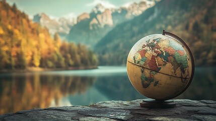 Stunning Photo: Vintage Globe Resting Serenely by Autumnal Lake. AI Generated