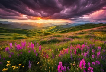 Fototapeta premium lush green valley bursting vibrant wildflowers under dramatic cloudy sky scenic landscape imagery, blooming, meadows, hills, valleys, nature, scenery