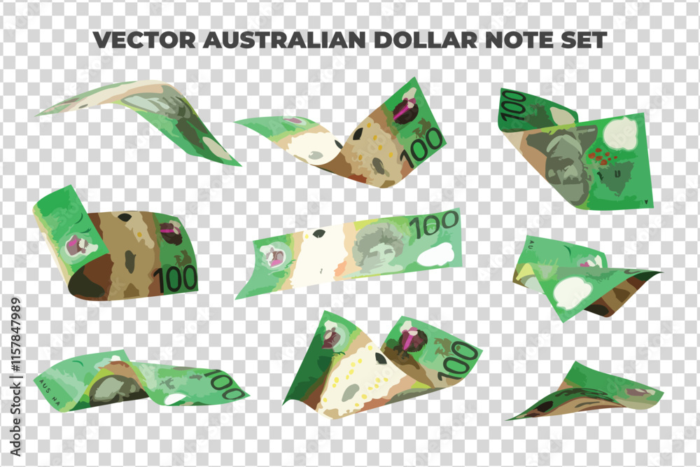 Aufkleber Vector illustration of set of 100 Australian dollar notes flying in different angles and orientations. Currency note design in Scalable eps format
