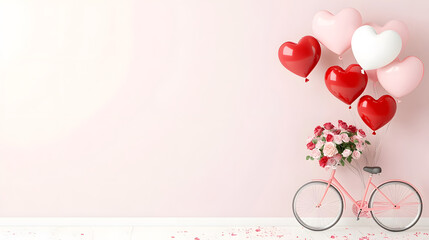 romantic scene featuring pink bicycle adorned with heart shaped balloons and flowers, perfect for love celebrations