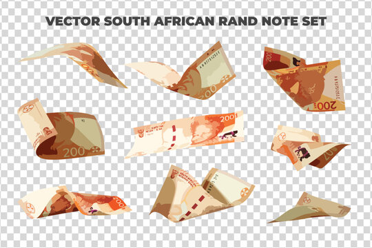 Vector illustration of set of 200 South African rand notes flying in different angles and orientations. Currency note design in Scalable eps format
