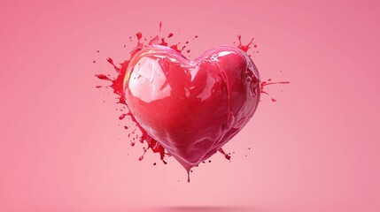Glossy heart with vibrant splashes on a pink background