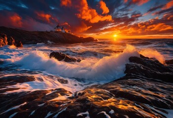 dramatic waves coastal shore beneath vivid sky striking cloud patterns dynamic light effects capturing beauty, beach, ocean, water, sunlight, horizon