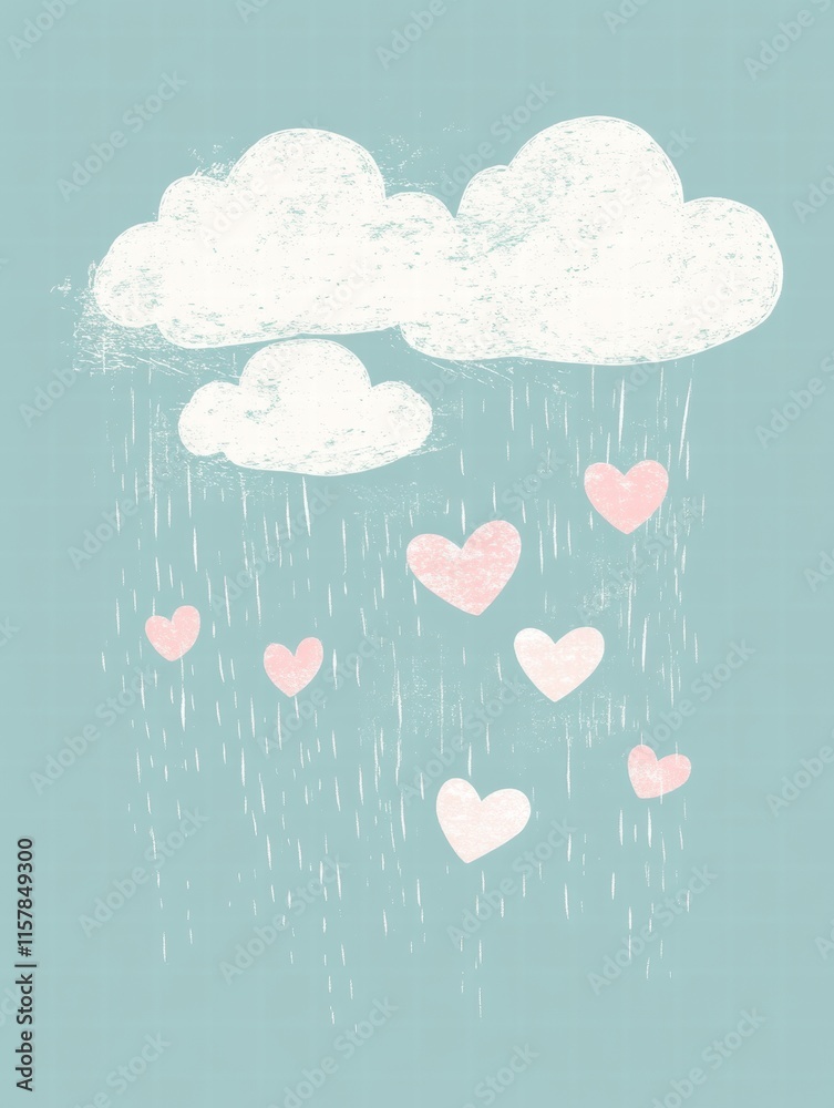 Poster whimsical hand drawn design featuring a heart shower under clouds for romantic occasions. generative
