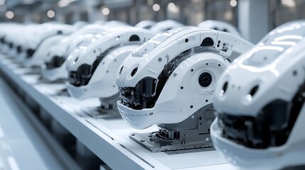 A row of white robotic heads sits on a conveyor belt in an industrial factory.