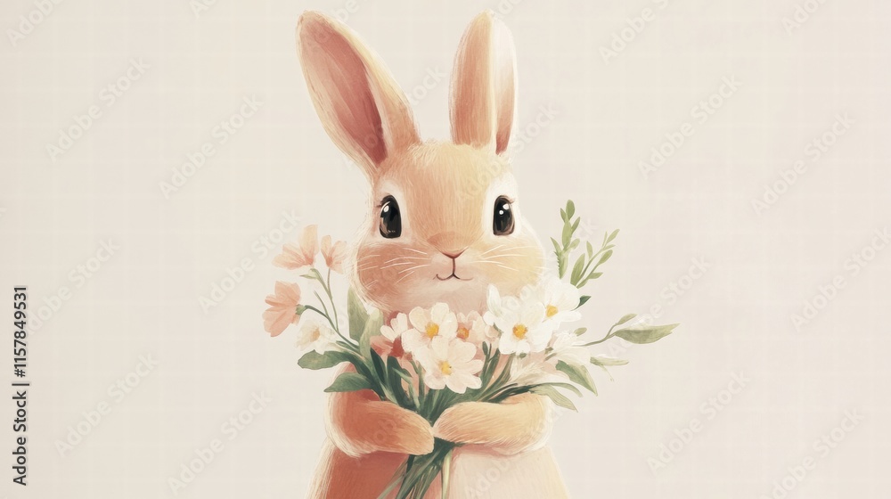 Poster Cuddly rabbit holding a colorful bouquet of flowers in a soft and inviting illustration with copy space. Generative AI