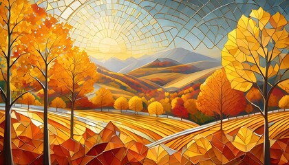 Spectacular Autumn Season Abstract Pattern in Mosaic Glass Background Featuring Vibrant Yellow Hues and Rich Textures, Capturing the Essence of Falls Beauty and Warmth in a Unique Artistic Design