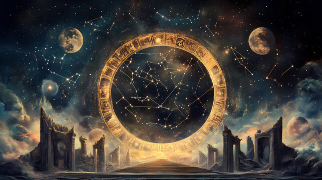 Band of the zodiac ecliplic illustration with the thirteen constellations on a starry spacescape background. Eclipticae. Illustration