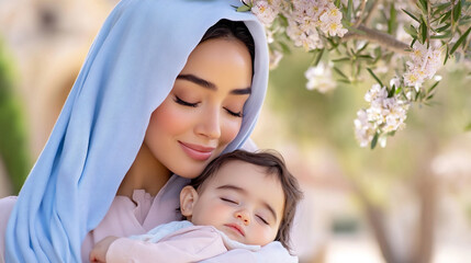 Mary Lovingly Cradles Baby Jesus Amidst Blossoms in a Serene Biblical Landscape at Dawn