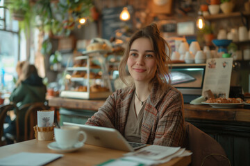 A woman is sitting at a table in a cafe with a laptop and a cup of coffee