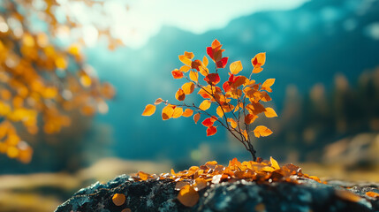 Colorful autumn leaves adorn a small tree on a rocky surface in a tranquil landscape