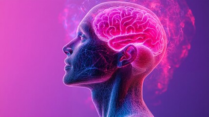 A digital illustration of a person's head and brain with a pink brain.