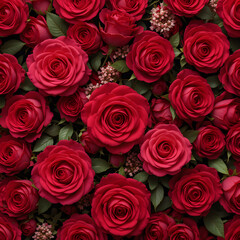 Obraz premium Natural fresh red roses flowers pattern wallpaper. top view, Red rose flower wall background