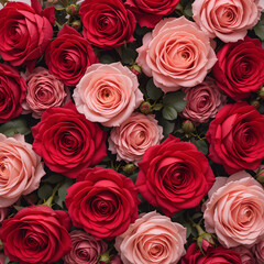 Obraz premium Natural fresh red roses flowers pattern wallpaper. top view, Red rose flower wall background