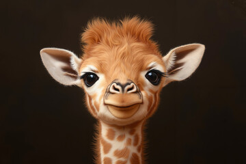A close up of a baby giraffe's face on a black background