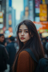 Obraz premium A woman with long brown hair standing in the middle of a busy city street