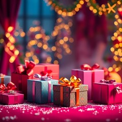 christmas, gift, box, holiday, decoration, present, tree, xmas, celebration, ribbon, bow, ornament, gifts, year, season, new, winter, gold, presents, red, isolated, boxes, golden, pine, branch