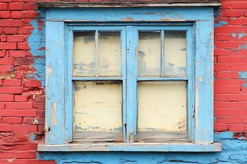 Weathered Blue Window in a Red Brick Wall