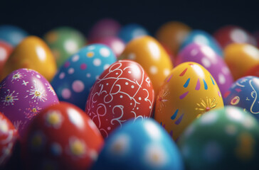 A vibrant assortment of beautifully decorated eggs in various colors and patterns is gathered together, symbolizing the Easter celebration. This lively display captures the joy of spring festivities