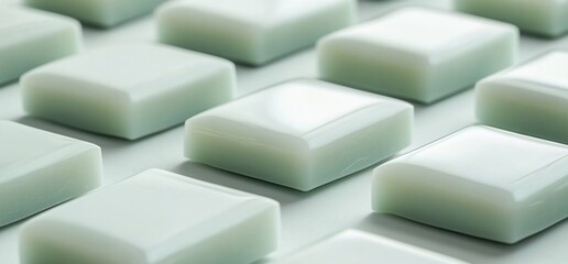 Obraz premium Close-up of many pale green square soaps.