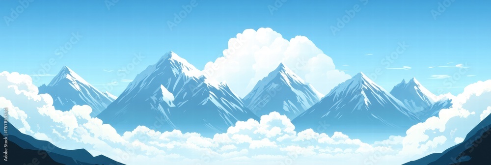 Fototapete Majestic mountain peaks surrounded by clouds with clear blue skies offering ample space for text and design elements. Generative AI
