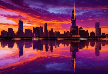 Obraz premium stunning captivating skyline reflections tranquil water bodies sunset highlighting architectural marvels natural beauty, aerial, ambiance, architecture
