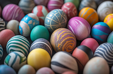 Naklejka premium A variety of decorated eggs are displayed close together, showcasing diverse patterns and colors. This vibrant collection symbolizes joy and creativity during the spring holiday season