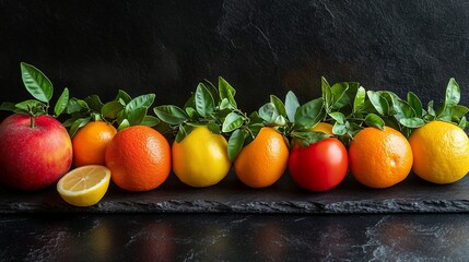 Colorful citrus fruits and apple on slate.