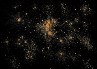 Red maca organic powder scattered isolated on black, top view