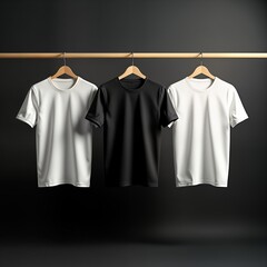 Three blank t-shirts hang on wooden clothes rack against dark background. Studio shot simple casual attire. Ideal for advertising apparel merchandise. White, black t-shirts display blank design.