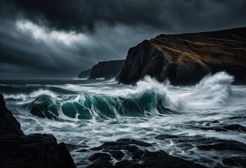 Fototapeta premium powerful ocean waves breaking rugged coastal cliffs creating stunning chaotic surfaces dramatic seascape imagery, beach, coastline, rock, splash, foam