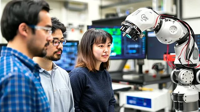 Diverse Team Collaborating with Robotic Arm in Advanced Lab