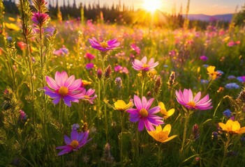Fototapeta premium stunning close vibrant wildflowers awakening sunrise colorful display beauty, bloom, nature, flora, vivid, bright, spring, field, landscape, sunlight, dewy