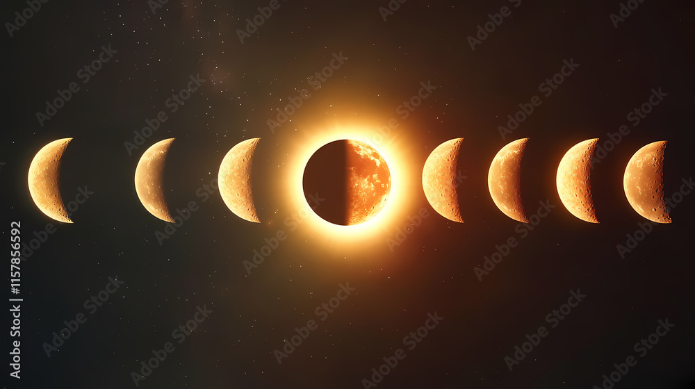 Wall mural a total and partial solar eclipse. the moon orbits the sun, creating different sunlit phases. a 3d a