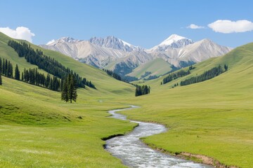 A mountain river winds its way through the forest, offering a beautiful autumn nature scene. Spruce trees stand by the riverbank. This is a splendid view from Synevyr National Park on a good weather