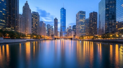 Fototapeta premium Twilight Cityscape with Reflections on Skyscrapers