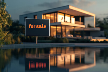 Modern house for sale. Large penthouse, villa, private house with &ldquo;for sale&rdquo; sign. Real estate, own home, real estate company advertising.