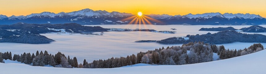 Sunrise panorama from the mountaintop of Fuji. The sun rises vigorously from the horizon, casting light over the clouds and enveloping the world in a blue sky. Wishing for a fantastic New Year, a new