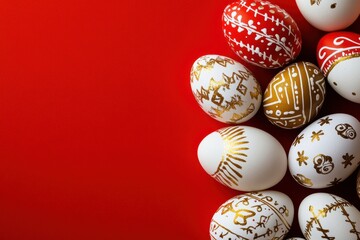 Fototapeta premium Experience the stunning beauty of intricately decorated Easter eggs displayed on a vibrant red background that enhances their charm and significance in the celebration of this joyful holiday