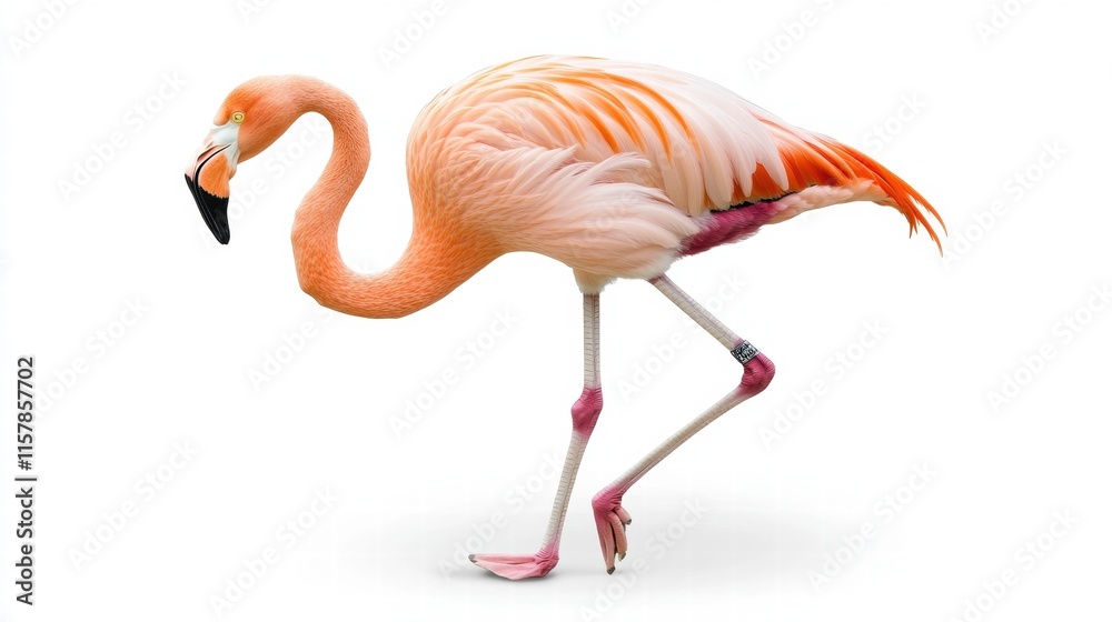 Poster Flamingo standing elegantly on one leg against a clean background with ample space for text. Generative AI