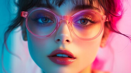 Obraz premium portrait of a woman wearing pink glasses and looking at the camera.